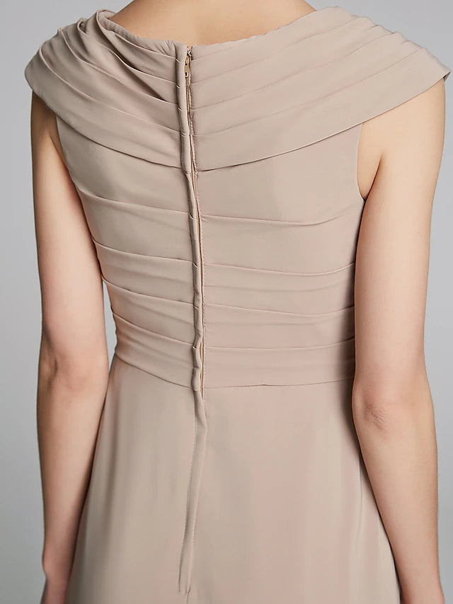 Full length view of the elegant pleated formal dress.