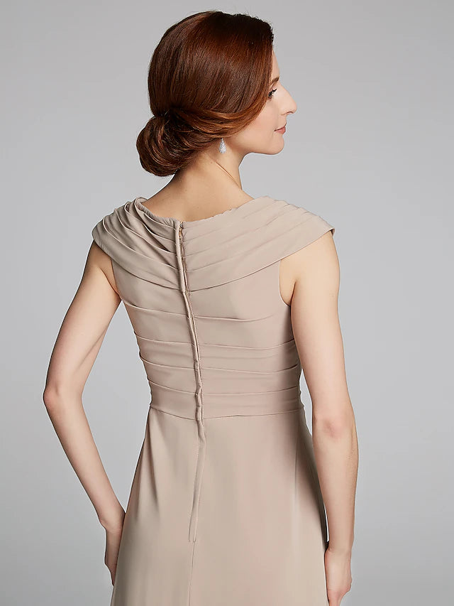 Stylish Mother of the Bride dress in a sheath silhouette.