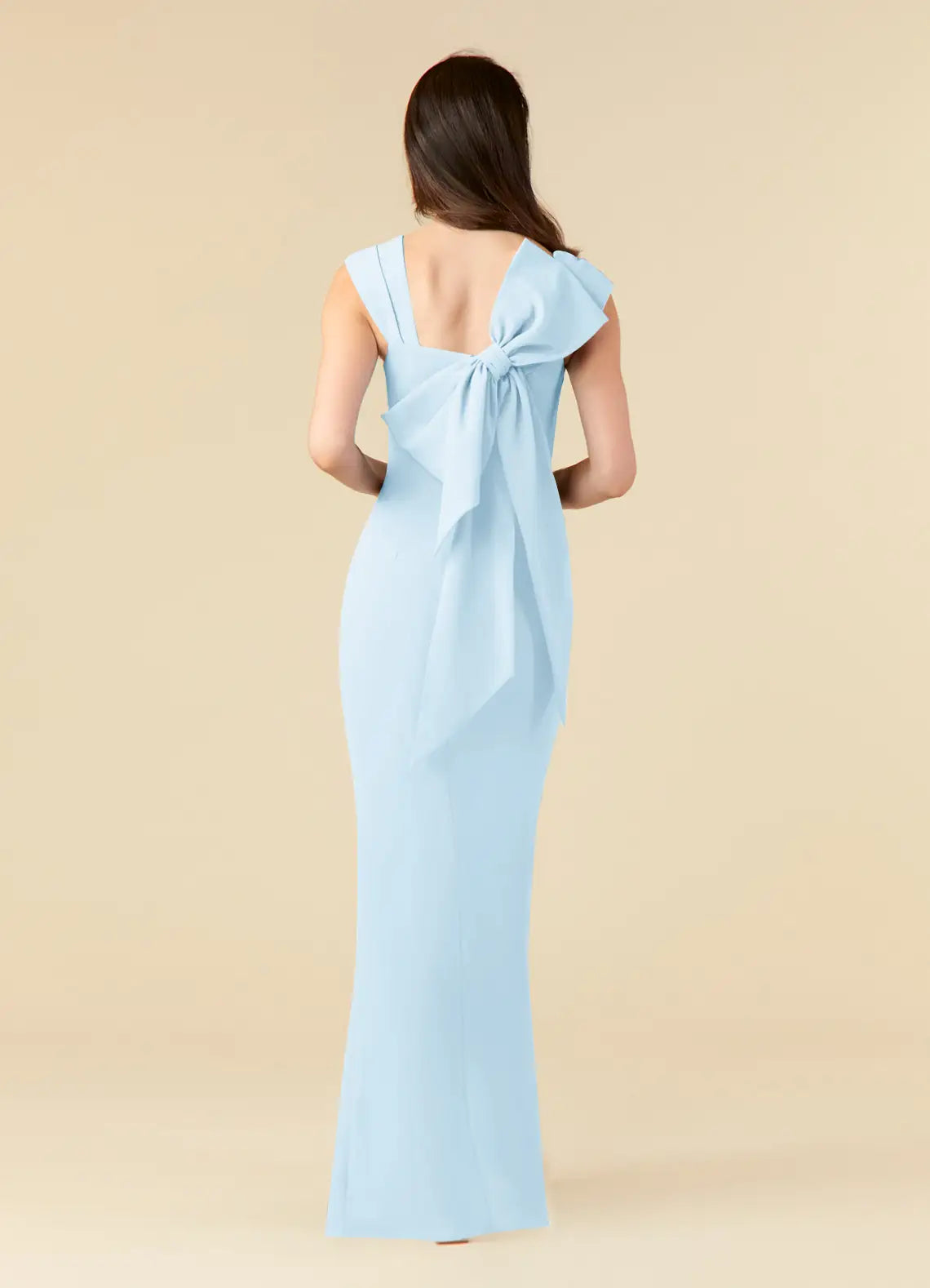 Back view of an elegant woman in a sky blue sheath formal dress.