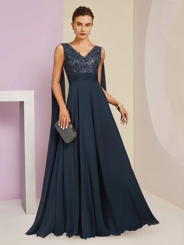 Elegant sheath V-neck sleeveless Mother of the Bride gown with pleats and sequins.