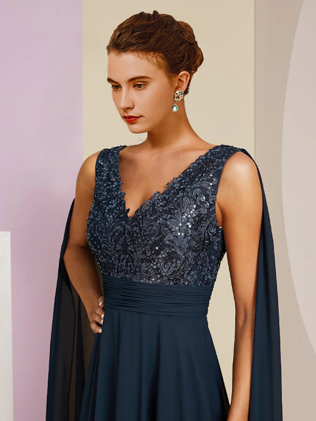 Back view of a floor-length chiffon lace Mother of the Bride dress.