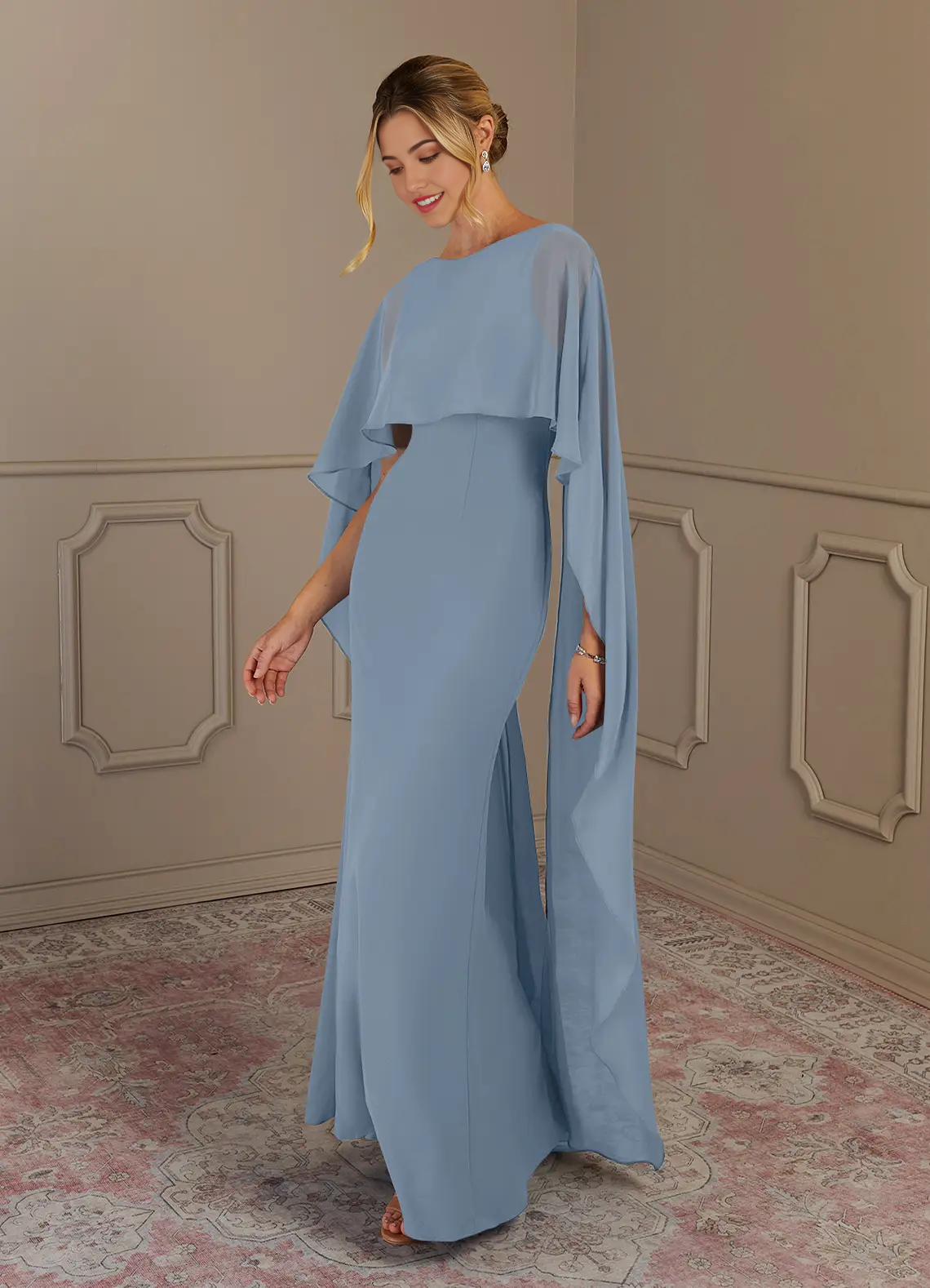 Back view of a dusty blue sheath dress with a V-neck.