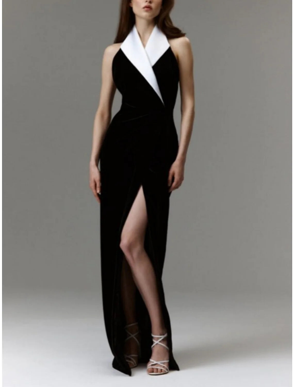Back view of the Sheath V-Neck Evening Gown, showcasing its floor-length design.