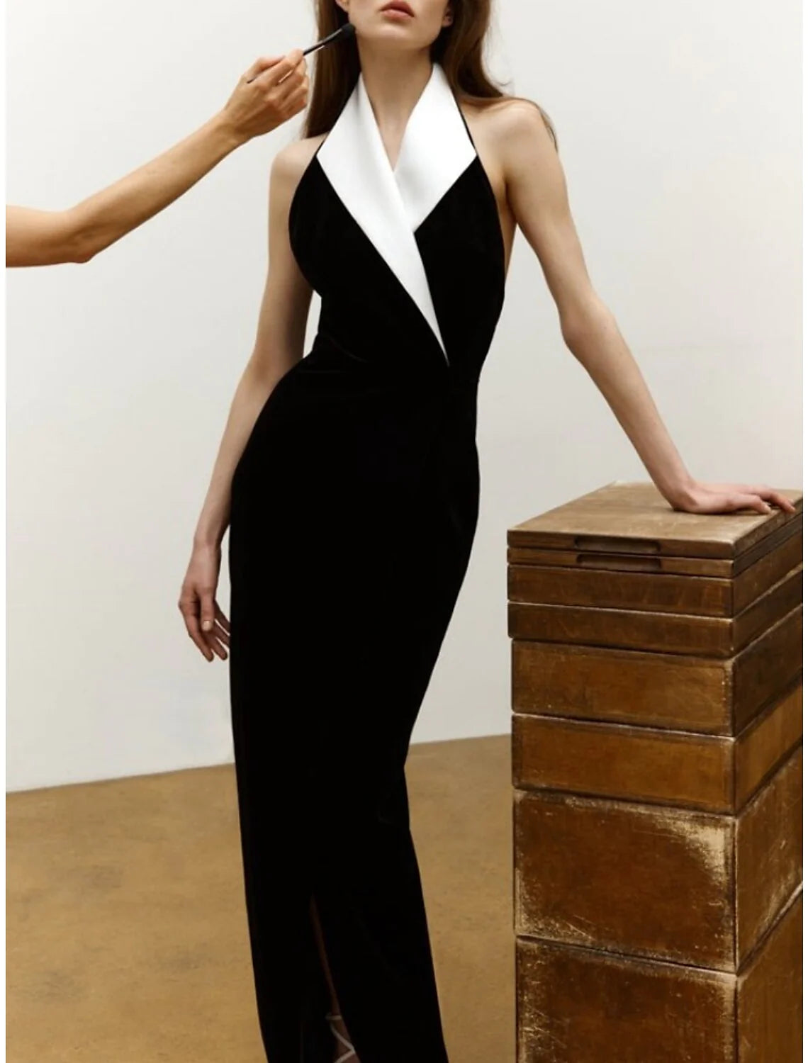 Side view of the Sheath Evening Gown, highlighting the elegant slit and imitation silk fabric.