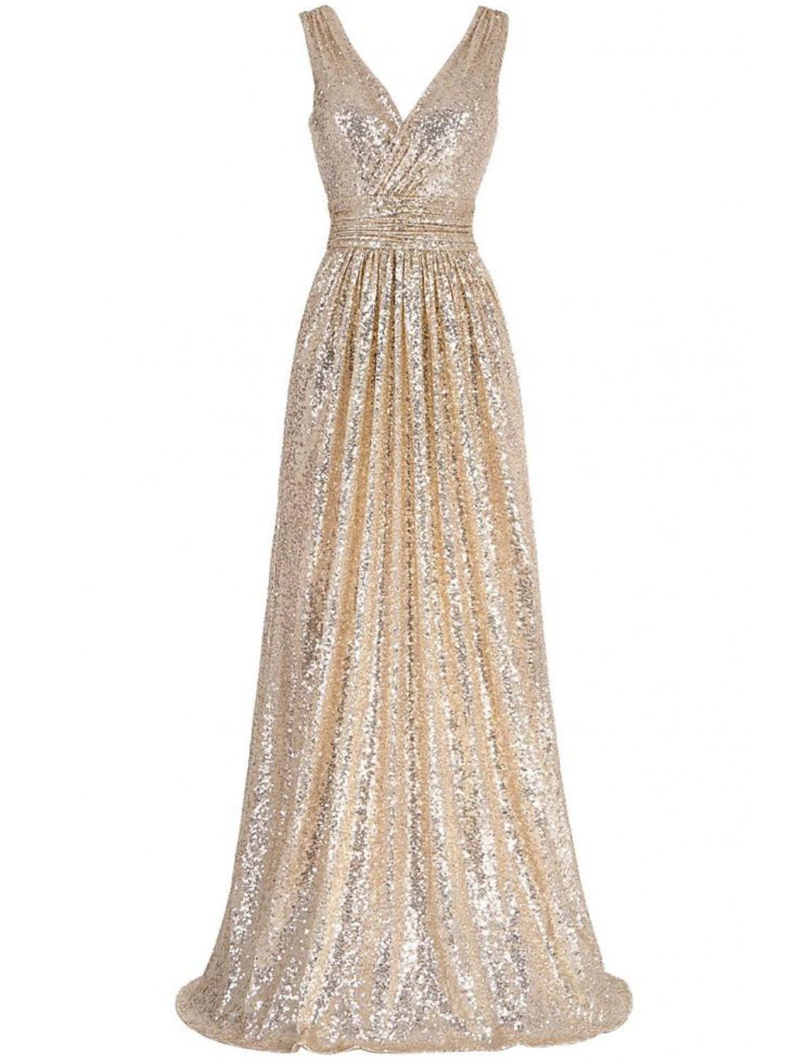 A woman wearing a shimmering sequined sheath V-neck floor-length prom dress.