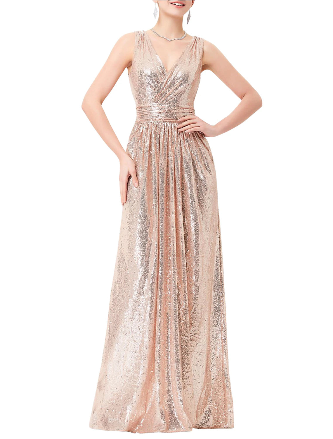 A woman posing in an elegant sequined V-neck sleeveless formal gown.