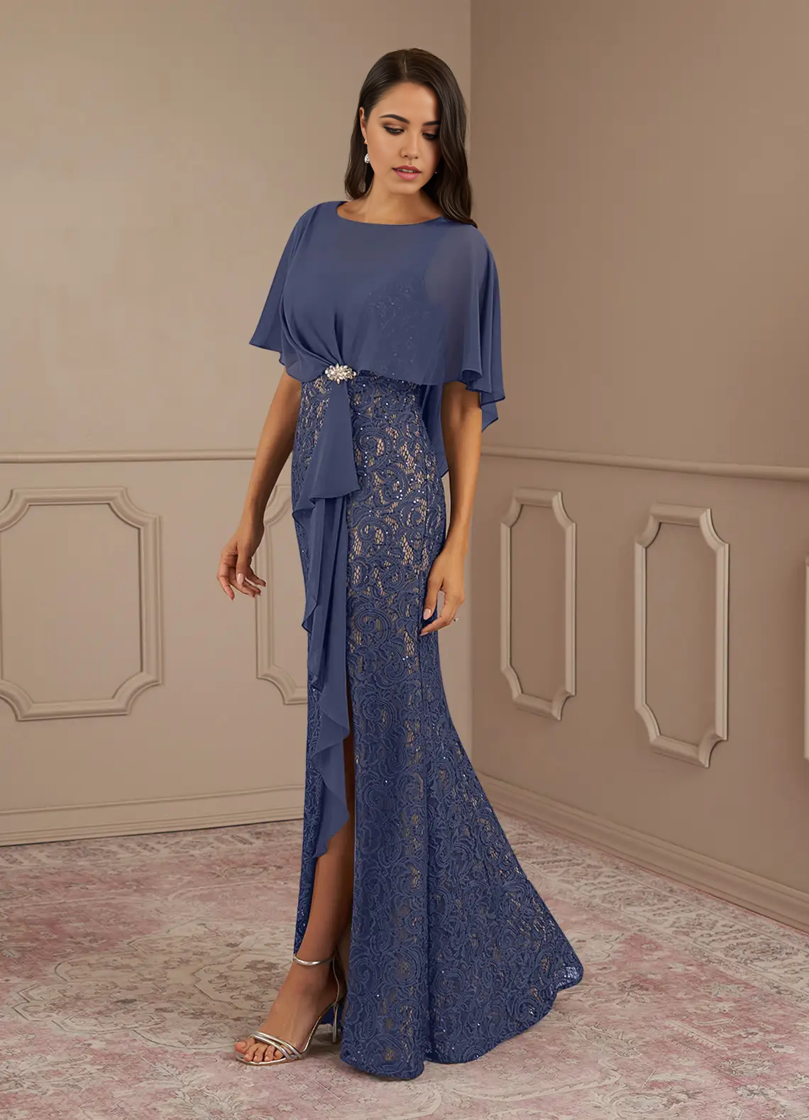 Back view of an elegant V-neck sequined sheath dress with flowing chiffon.