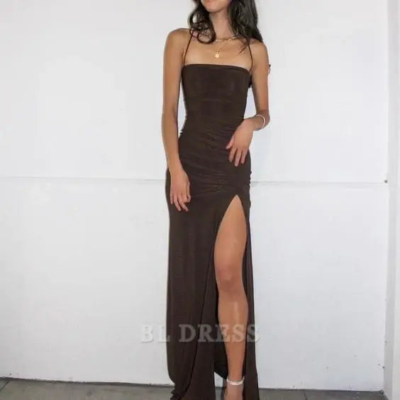 Full-length view of a brown sheath prom dress with delicate spaghetti straps.