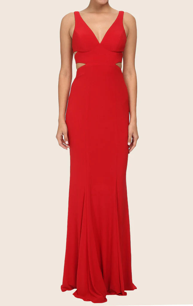 Elegant sheath V-neck prom gown with spaghetti straps.