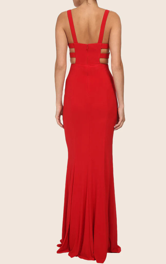 Side view of the formal ankle-length sheath gown.