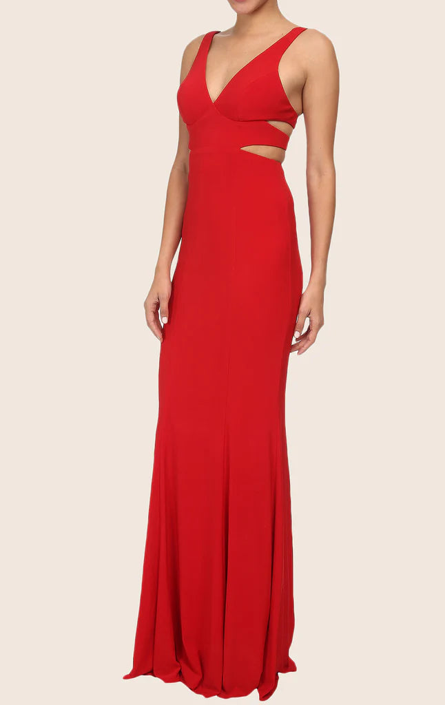Back view of the V-neck spaghetti strap formal dress.