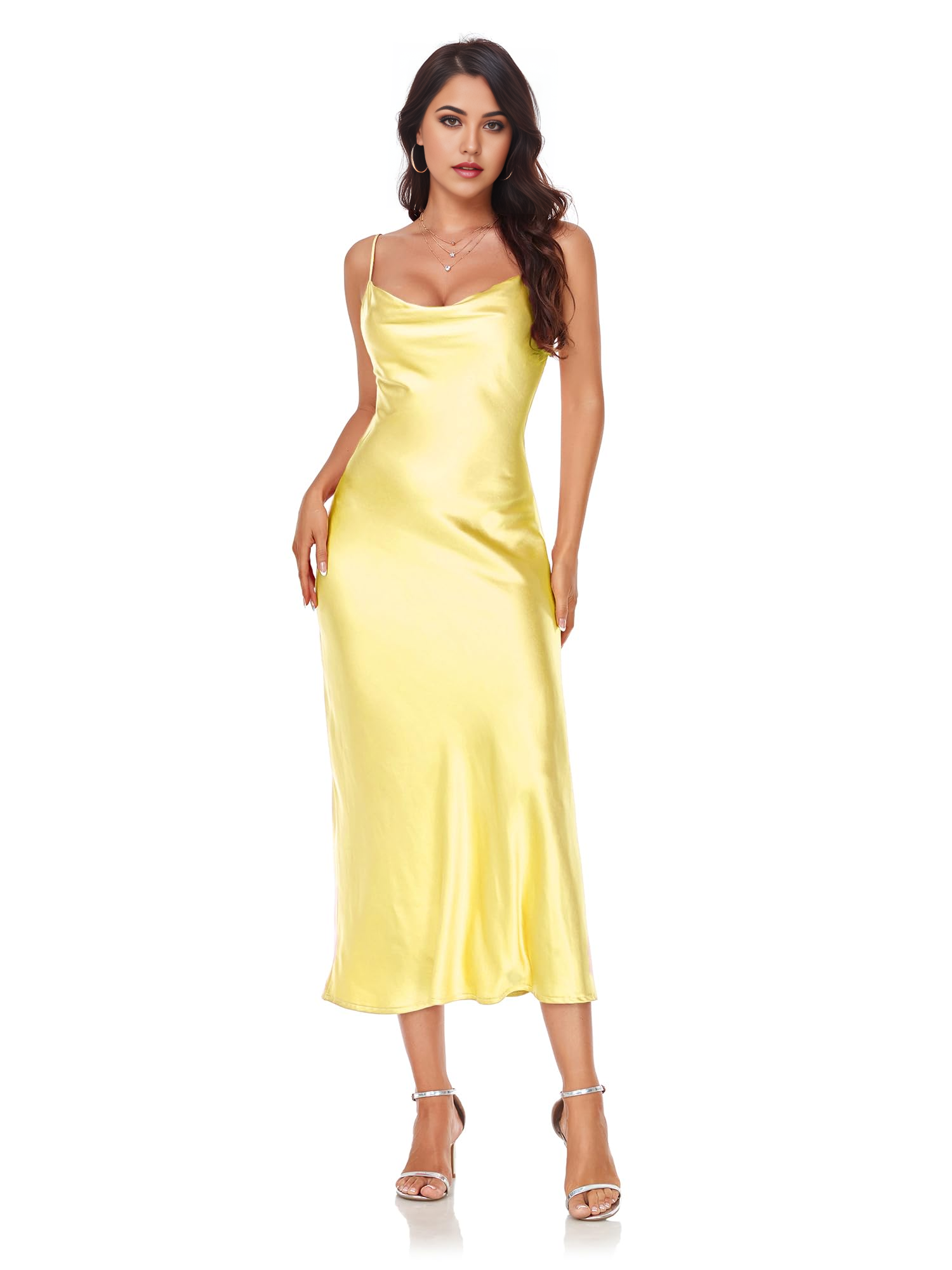 Elegant satin sheath dress with V-neck and spaghetti straps.
