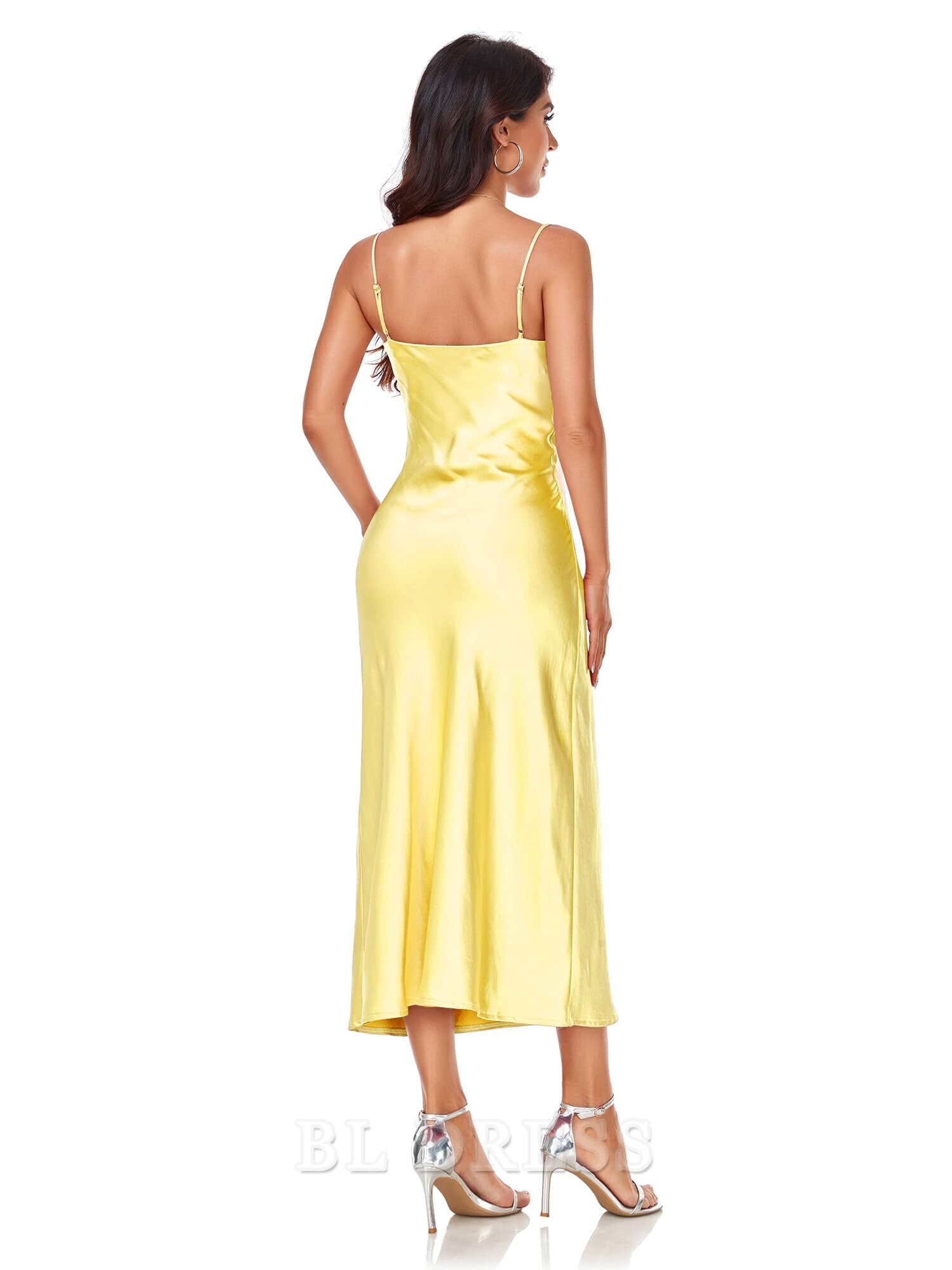 Back view of a long satin formal dress.
