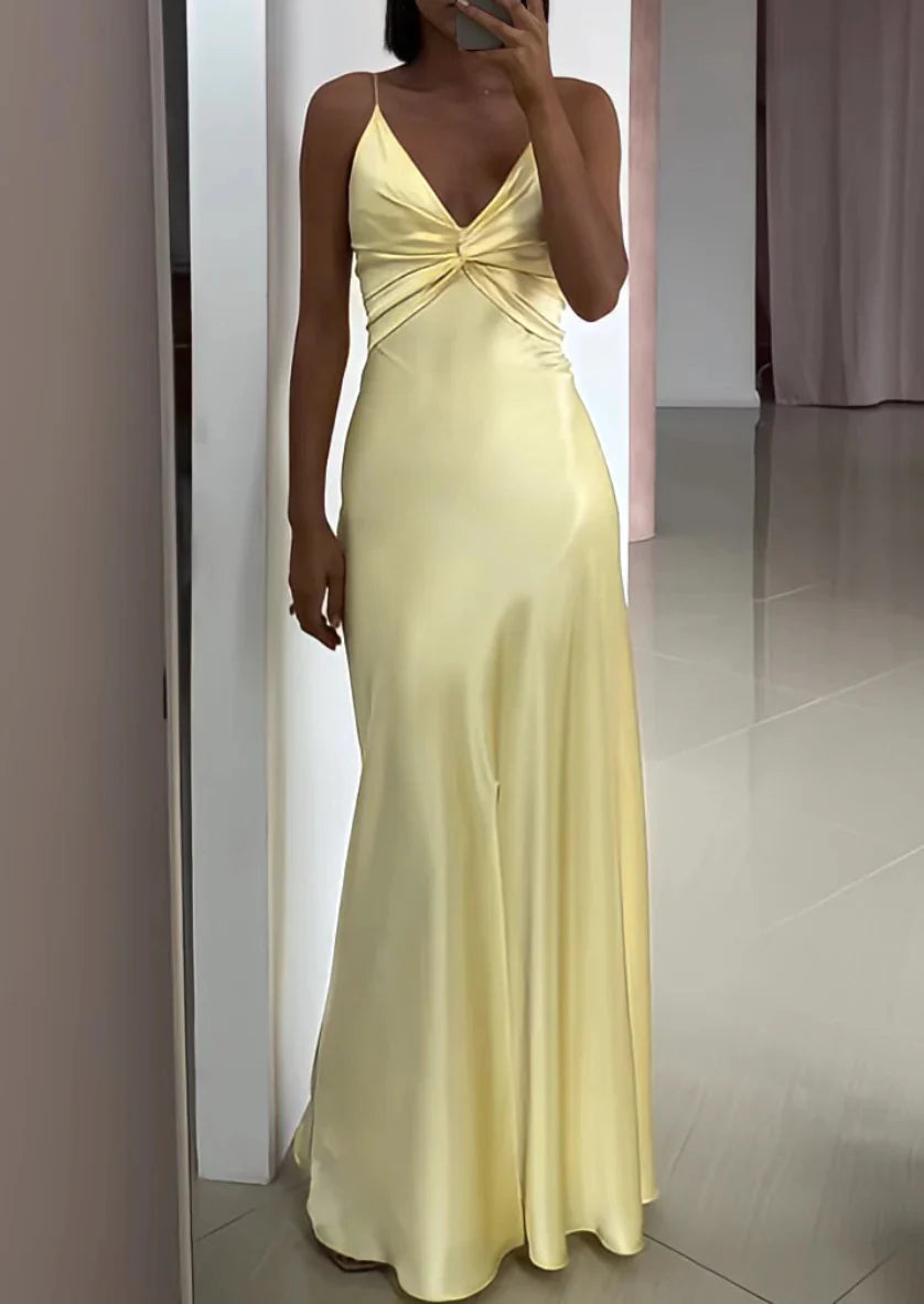 Elegant yellow V-neck sheath long formal dress.