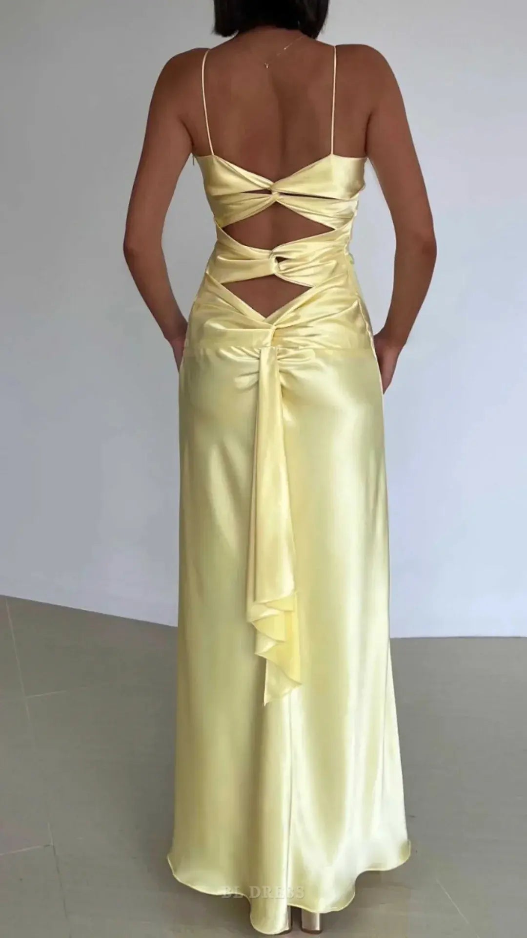 Elegant yellow V-neck sheath long formal dress.
