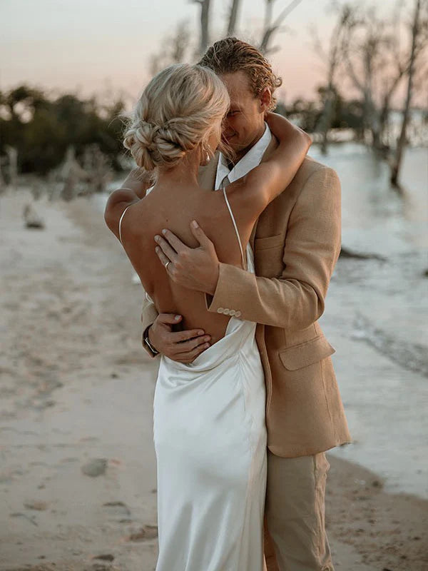 Elegant V-neck wedding dress.