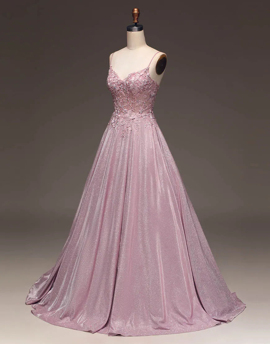 Back view of the long glitter prom dress with delicate spaghetti straps.