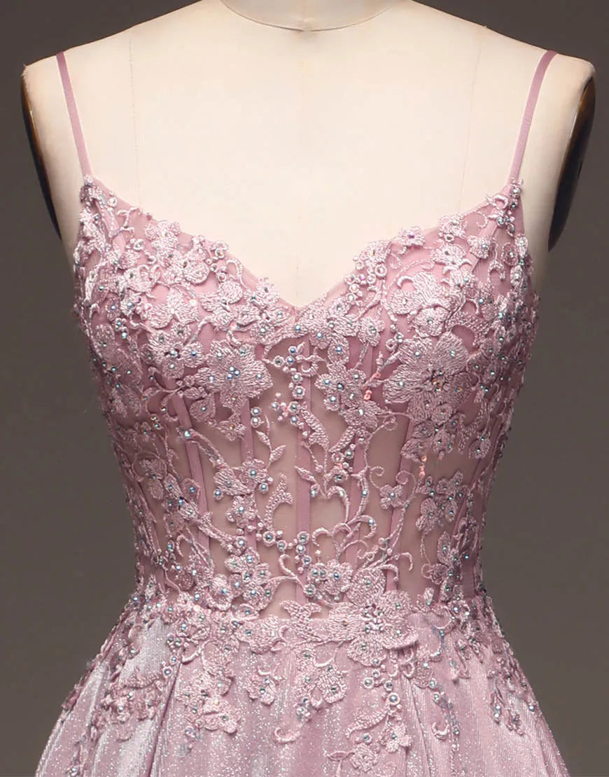 Elegant blush A-line dress with glitter fabric for special occasions.