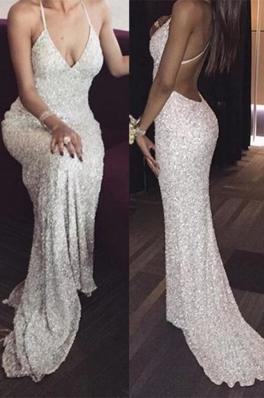 Elegant mermaid sequin prom dress with deep V-neck and spaghetti straps.