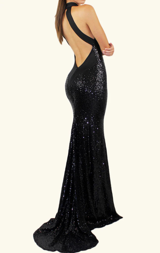 Full length view of the formal sequin evening gown.