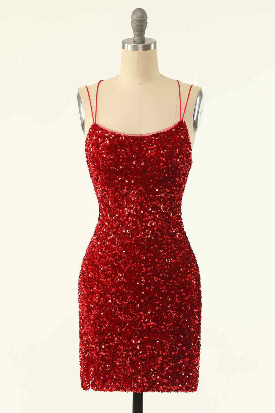 Elegant sequin sheath homecoming dress with double straps and V-neckline.