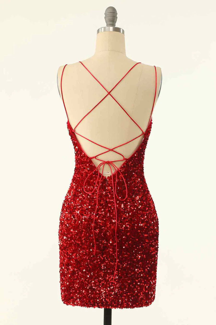 Back view of sequin homecoming dress showing lace-up detail.