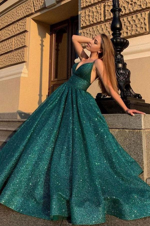 Elegant A-line V-neck green prom dress with shiny fabric.