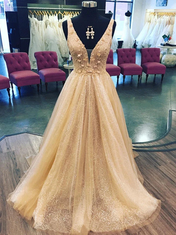 Shiny floral V-neck long prom gown.