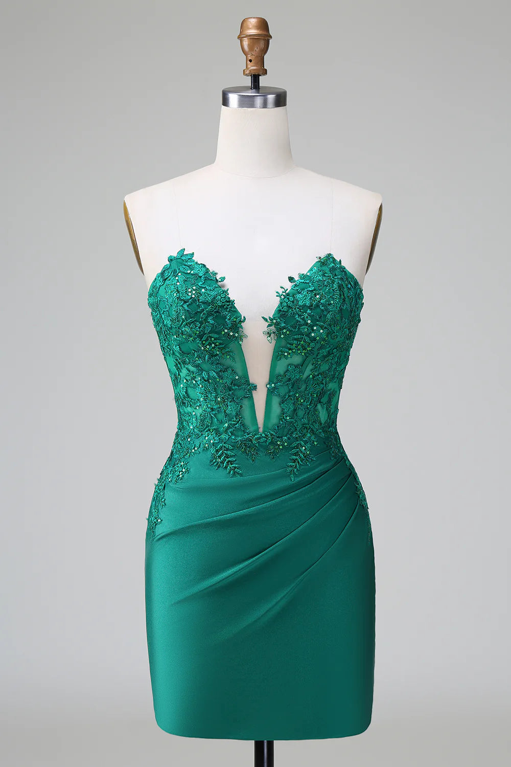 Short prom dress with glitter and beaded appliques, front view.
