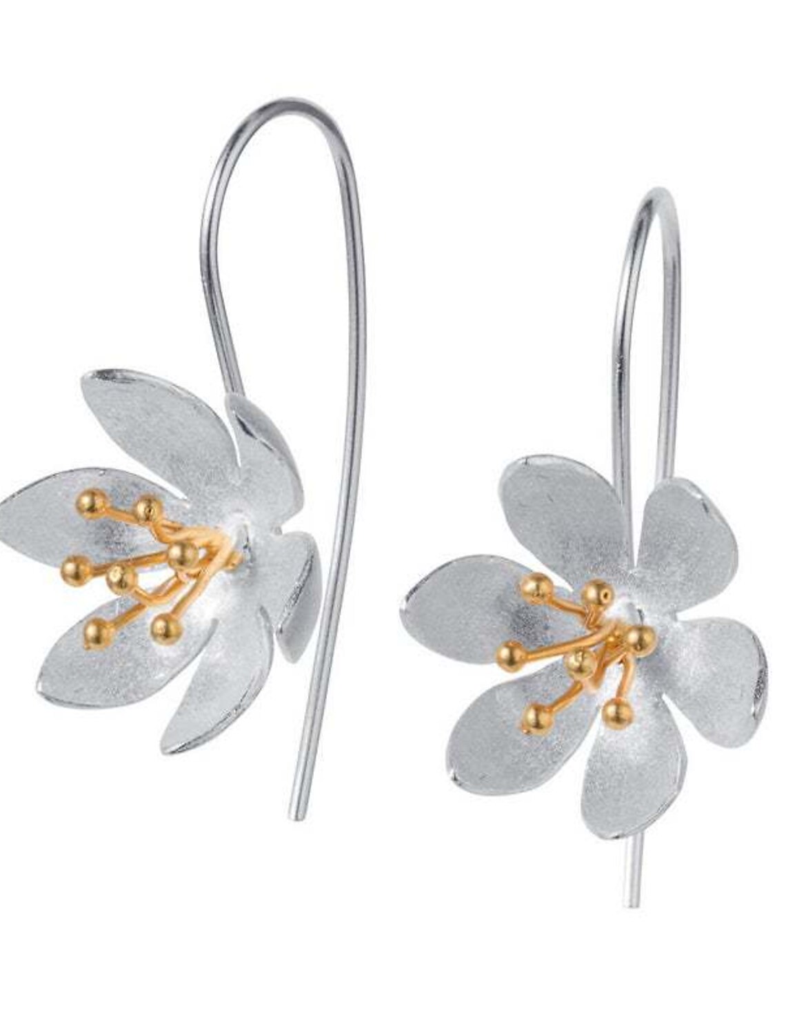 Close-up of a silver flower hoop earring showing intricate details.