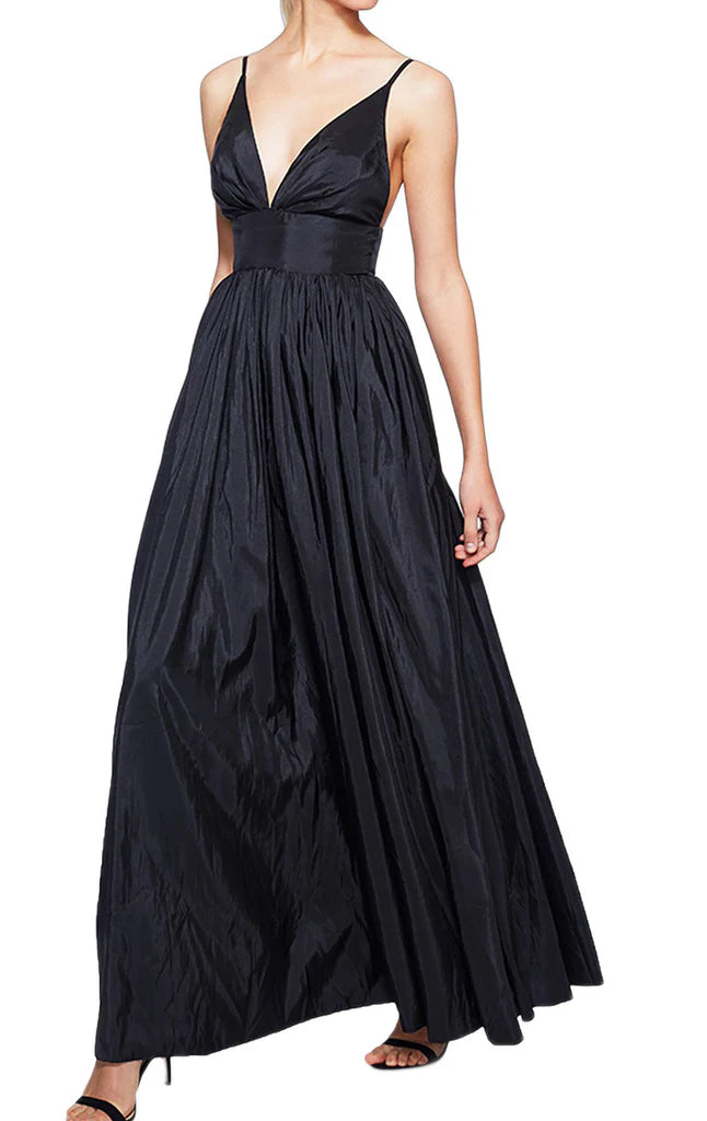 Elegant V-neck spaghetti strap formal gown.