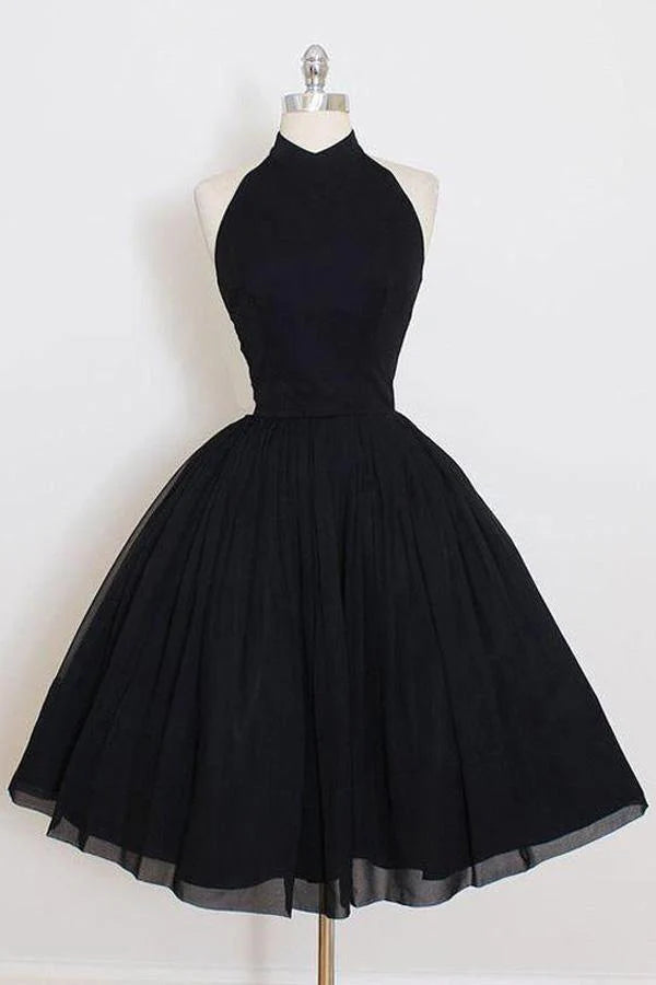 Black halter short homecoming dress with a simple design.