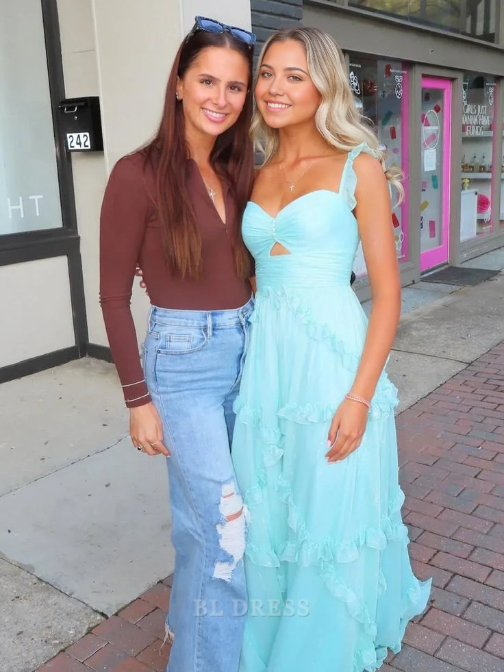 Side view of the sky blue A-line chiffon dress, highlighting the flowing ruffles.
