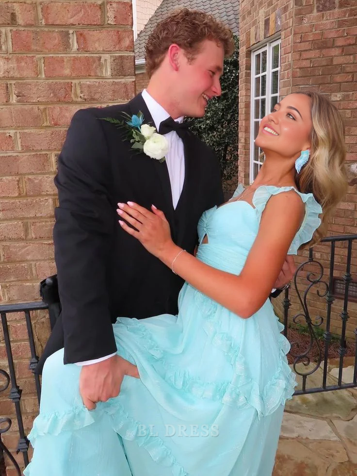 Back view of the elegant sky blue formal gown, showcasing the graceful chiffon drape.