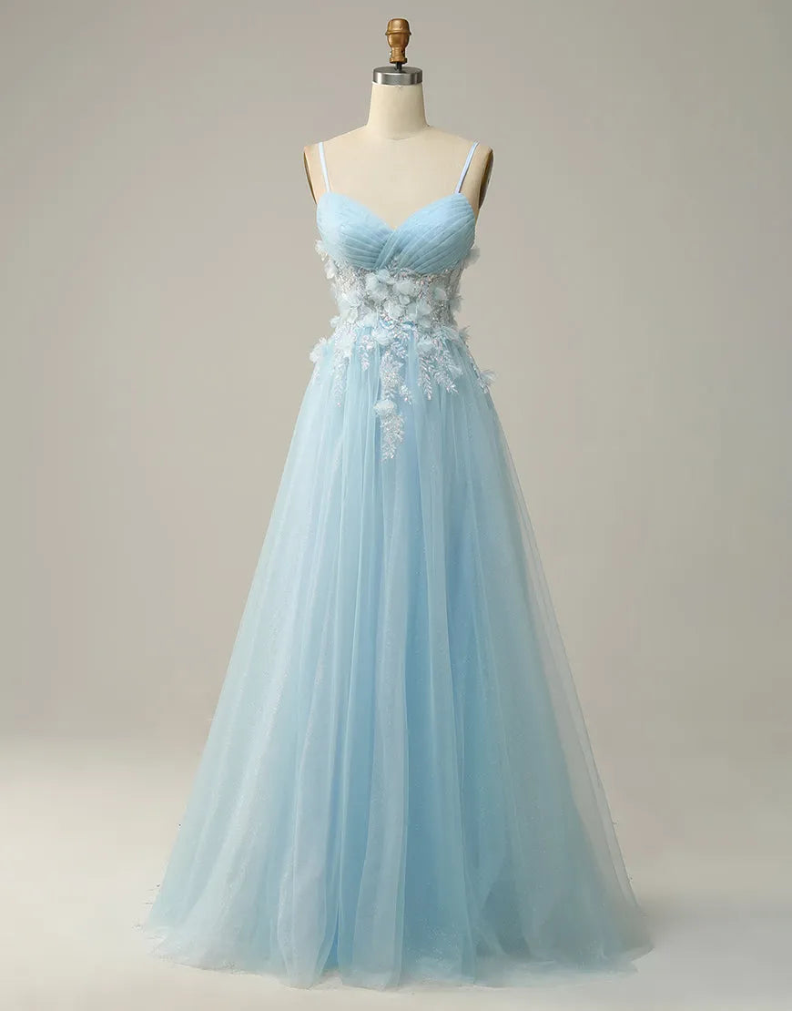 Sky blue A-line prom dress with spaghetti straps and 3D appliques.