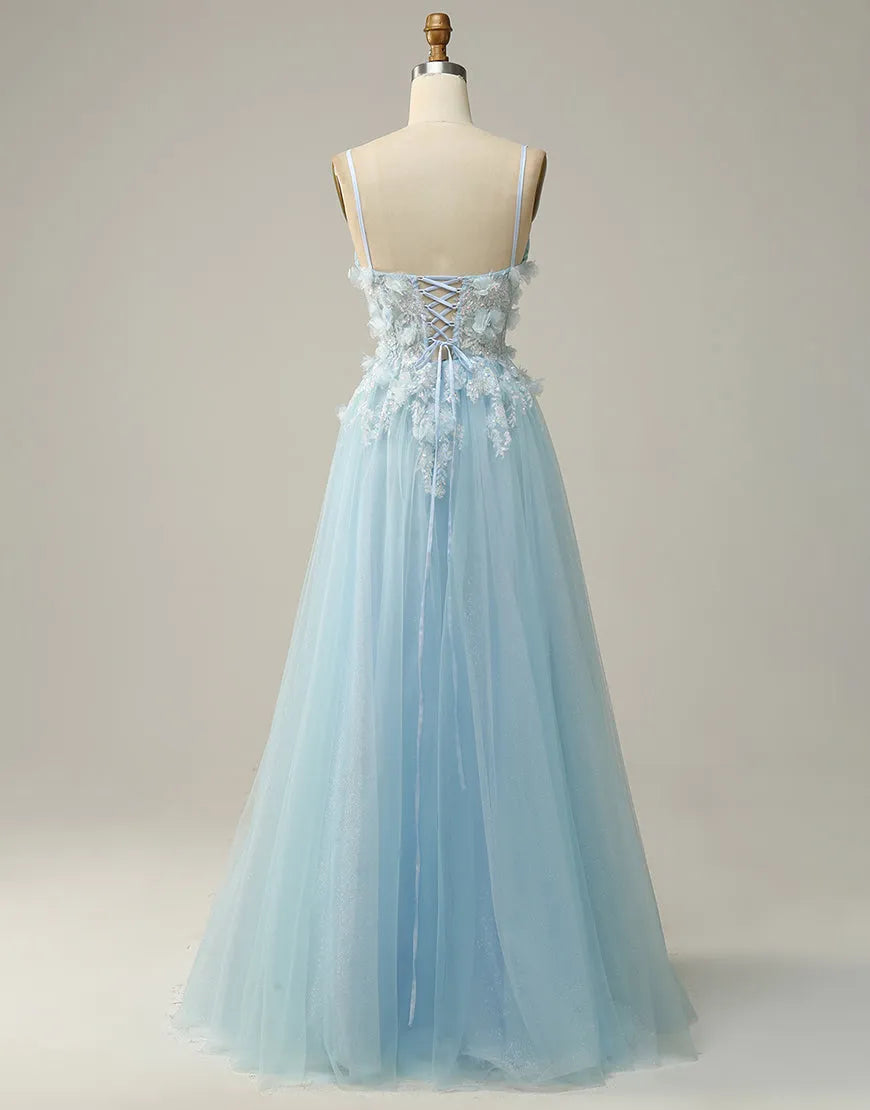 Back view of sky blue A-line prom dress with spaghetti straps.