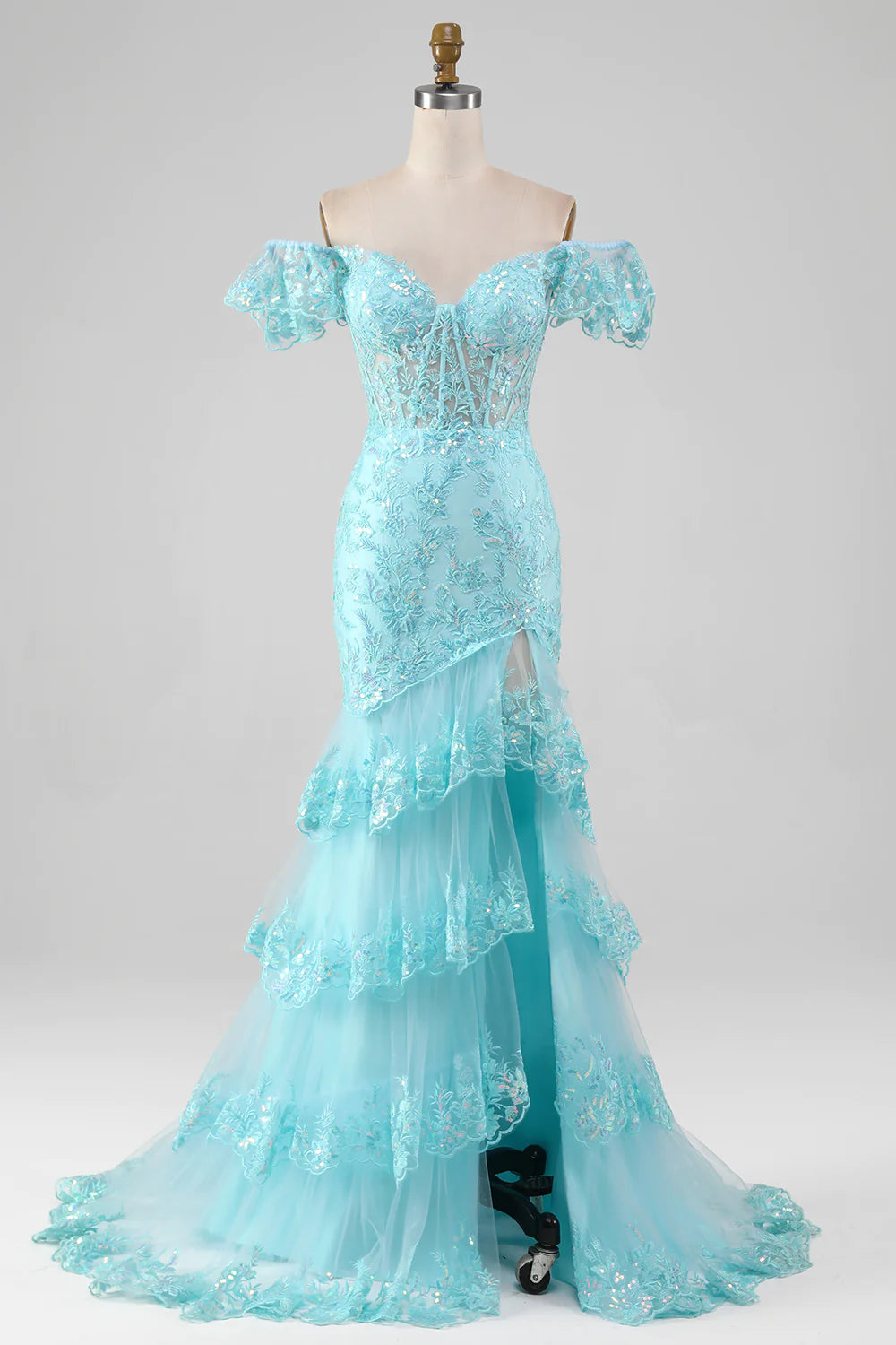 Elegant sky blue mermaid trumpet prom dress with off-shoulder neckline and sequin slit.