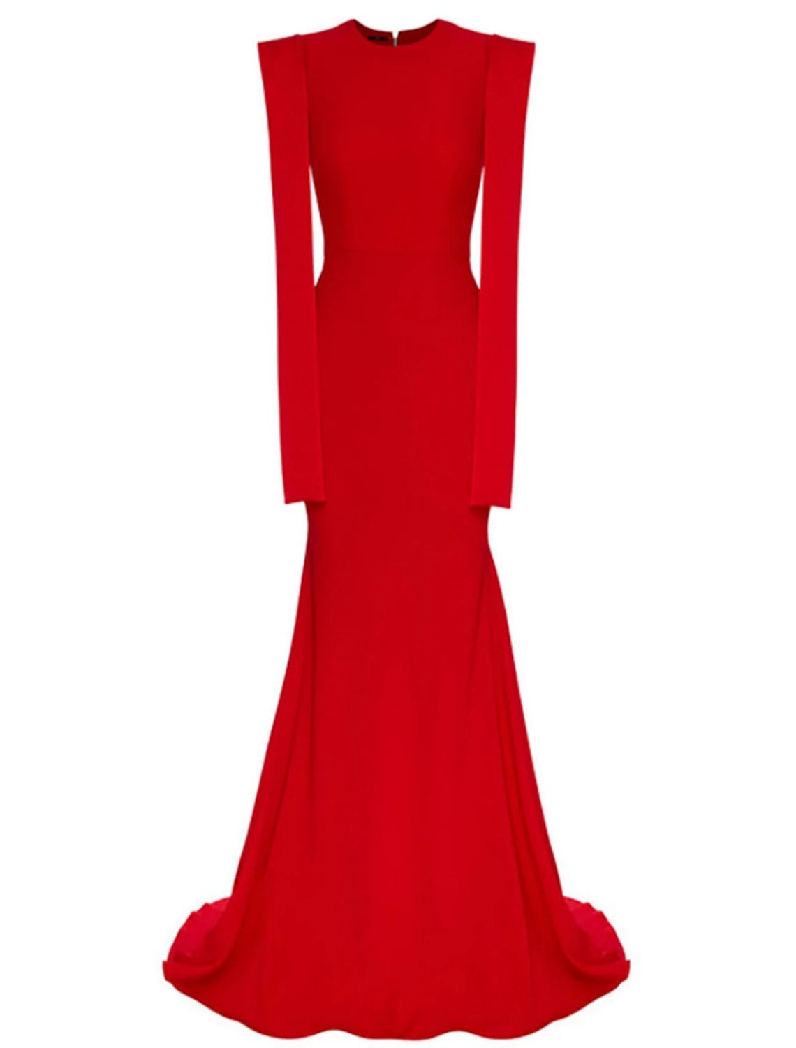 Elegant red mermaid evening gown with a jewel neckline and pleats, front view.