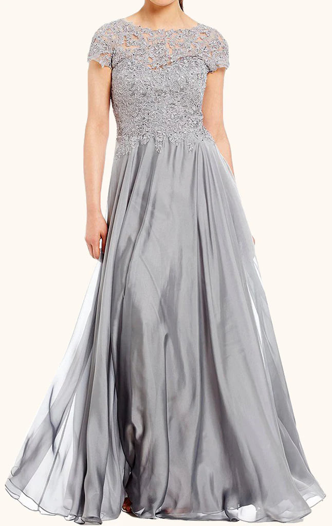 Elegant sleeveless lace and chiffon Mother of the Bride gown, front view.