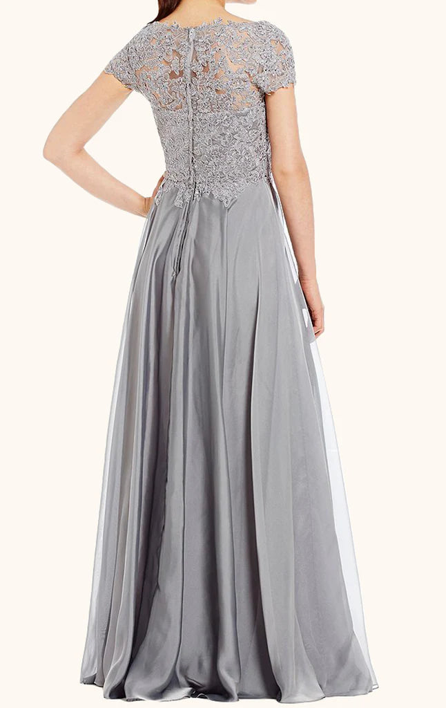 Back view of the sleeveless lace and chiffon formal Mother of the Bride gown.