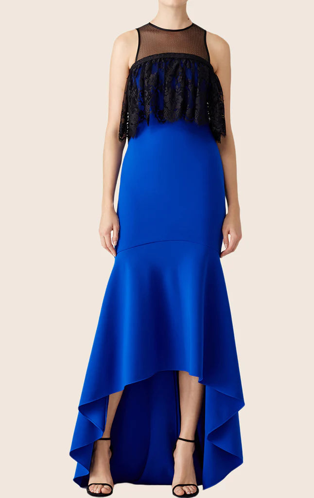 Elegant sleeveless mermaid high-low lace ruffled formal maxi prom gown.