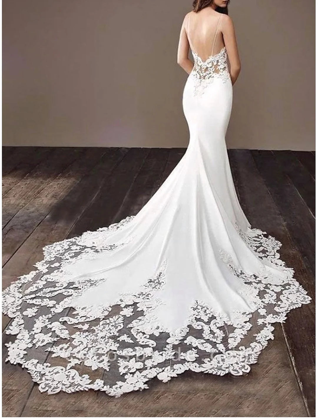 Back view of a floor-length lace bridal gown.