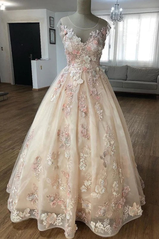 Elegant sleeveless floor length prom dress with floral appliques.
