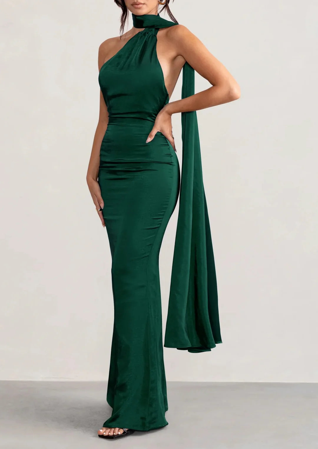Sleeveless sheath prom dress with a floor length silhouette.