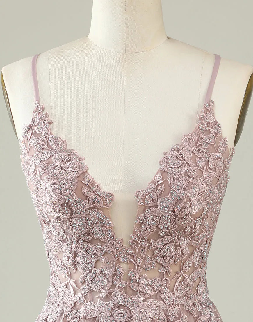 Close-up detail of the delicate appliques on the tulle fabric.