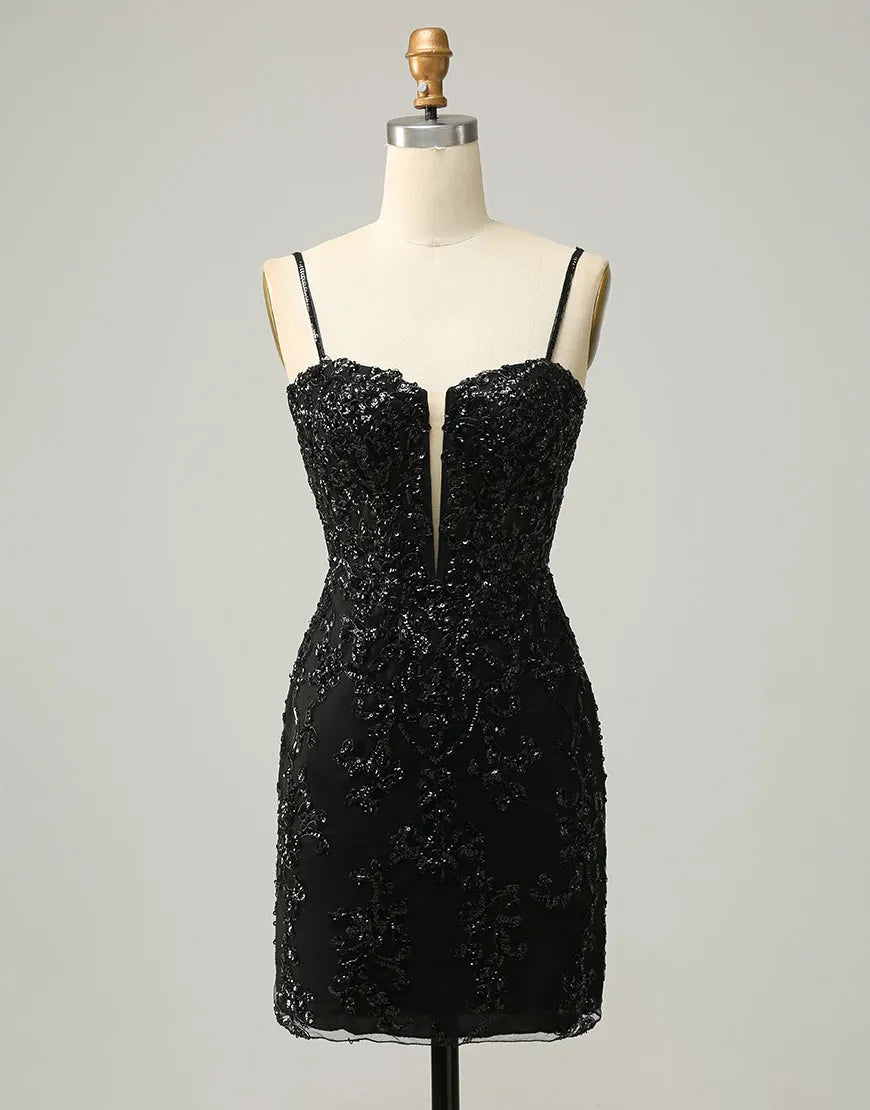 Black sequin mini homecoming dress with spaghetti straps and corset back.