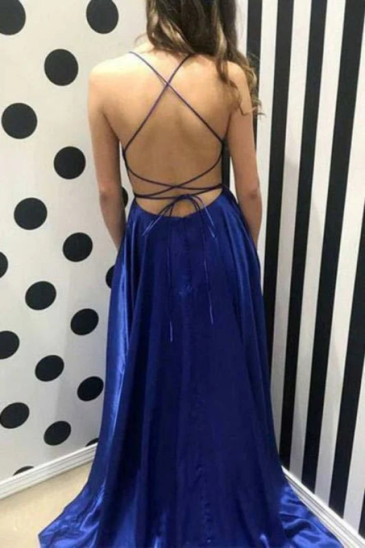 Full length view of the spaghetti strap formal long dress with a side slit.