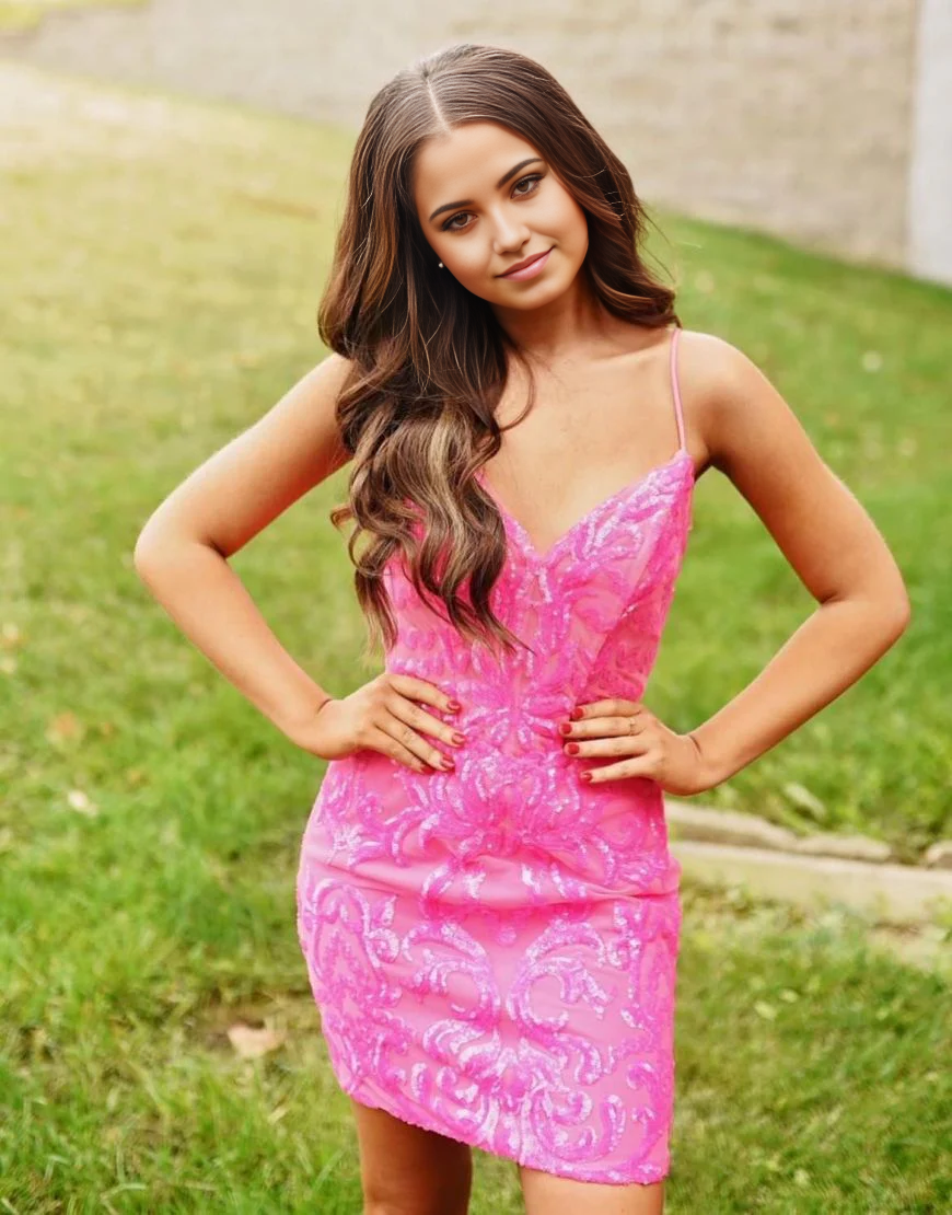 Fuchsia bodycon formal dress with spaghetti straps and V-neck.