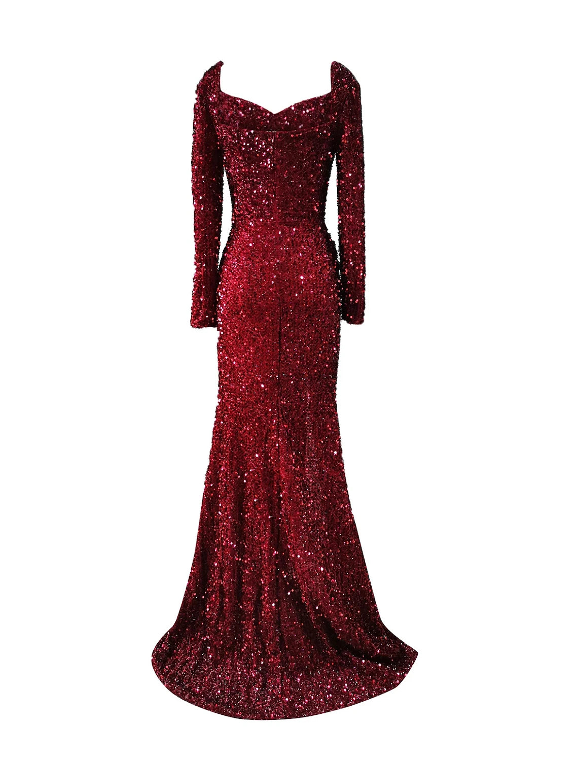 Woman wearing a sequined mermaid evening gown with long sleeves and a scoop neck.