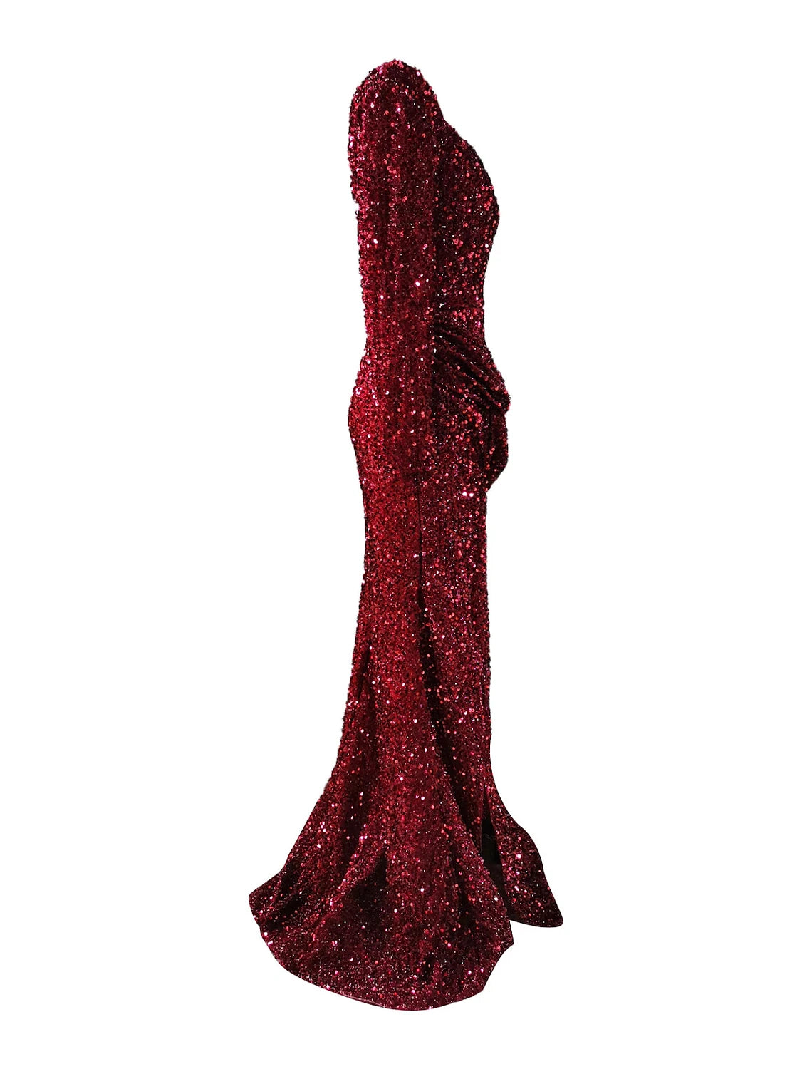Side profile of the woman in the sparkling long sleeve mermaid dress.